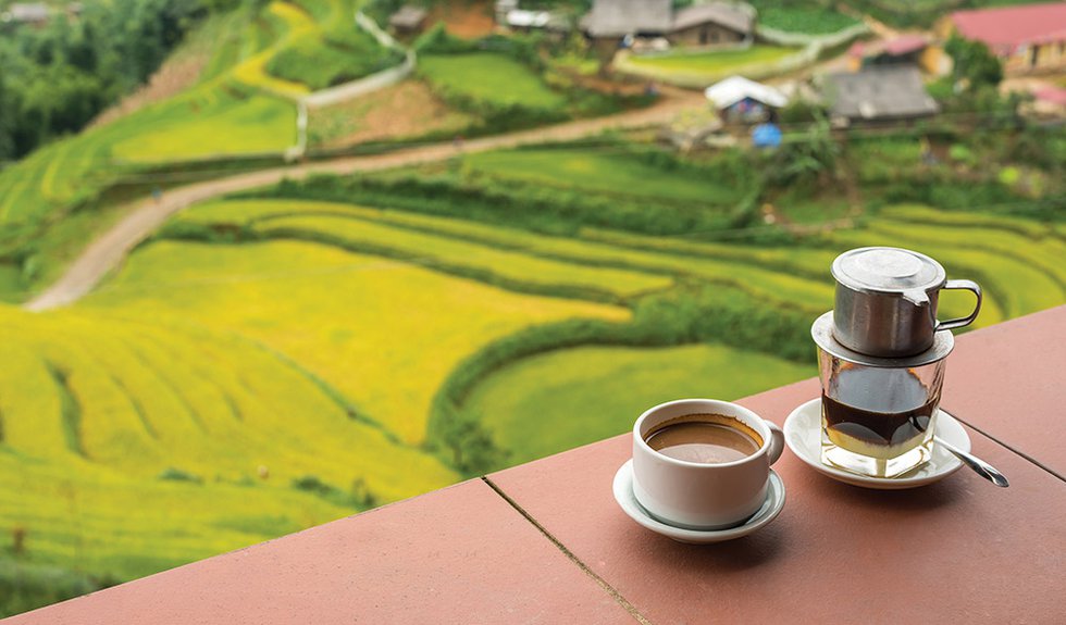 Drip Black Coffee vietnamese style on balcony with alpine backgr